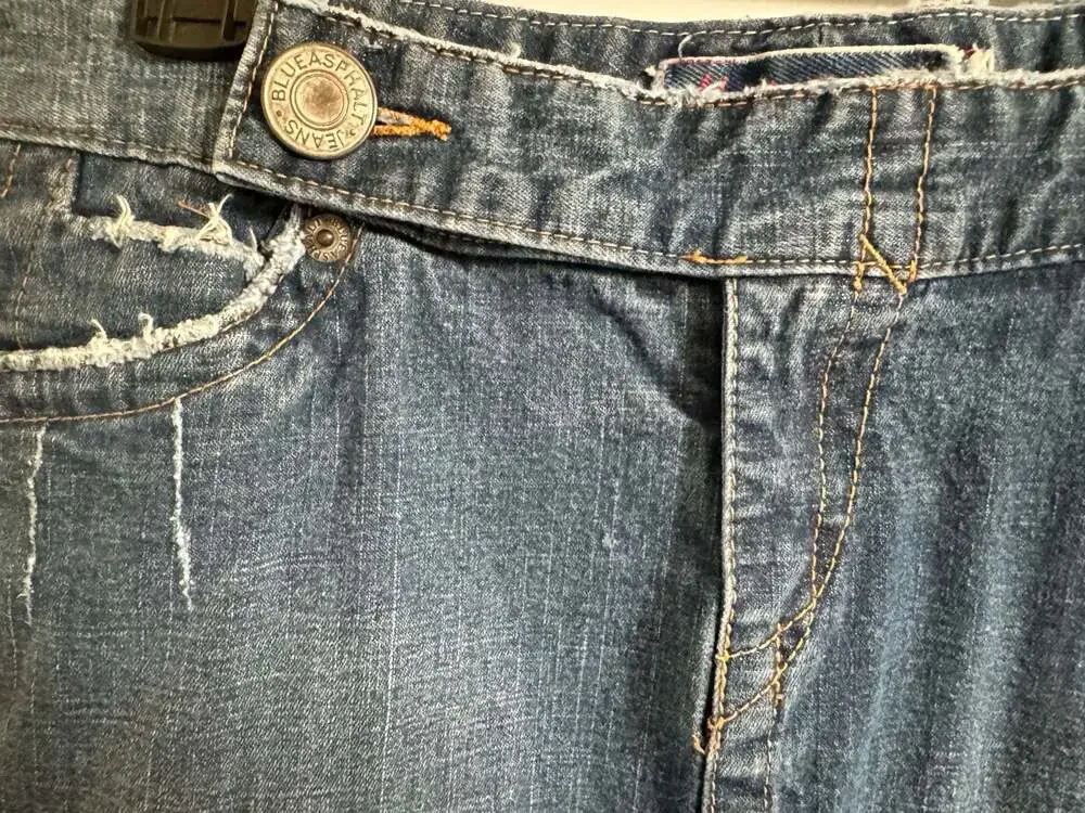 Blue Asphalt Denim Mini Skirt Size 3 Distressed Raw Hem - Picture 2 of 6